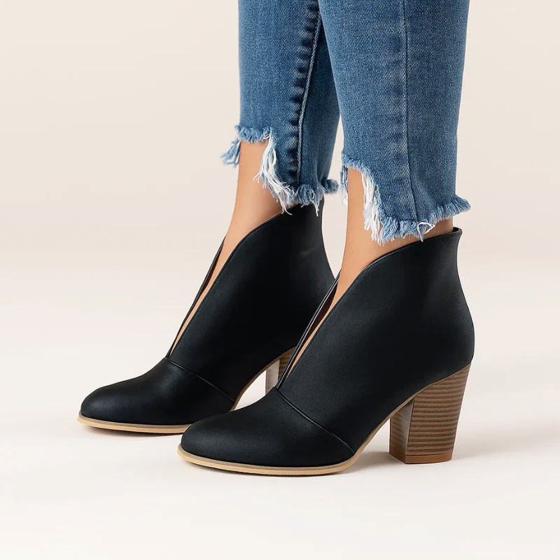 Vanessa - Women's V-Cut Stacked Heel Ankle Boots