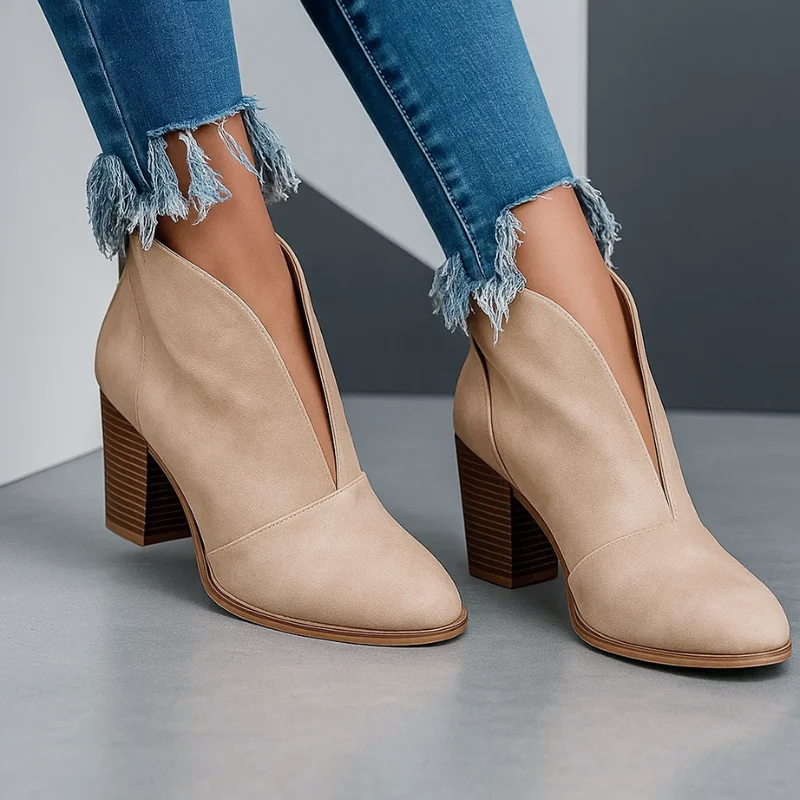 Vanessa - Women's V-Cut Stacked Heel Ankle Boots