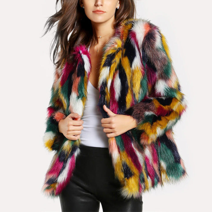 Zoe - Women's Multi-Color Patchwork Faux Fur Coat