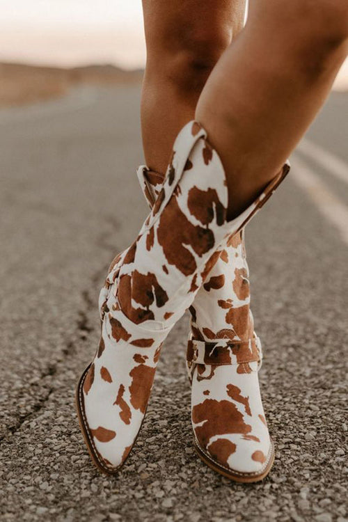 Adaline - Women's Cow Print Western Boots with Buckle Detail