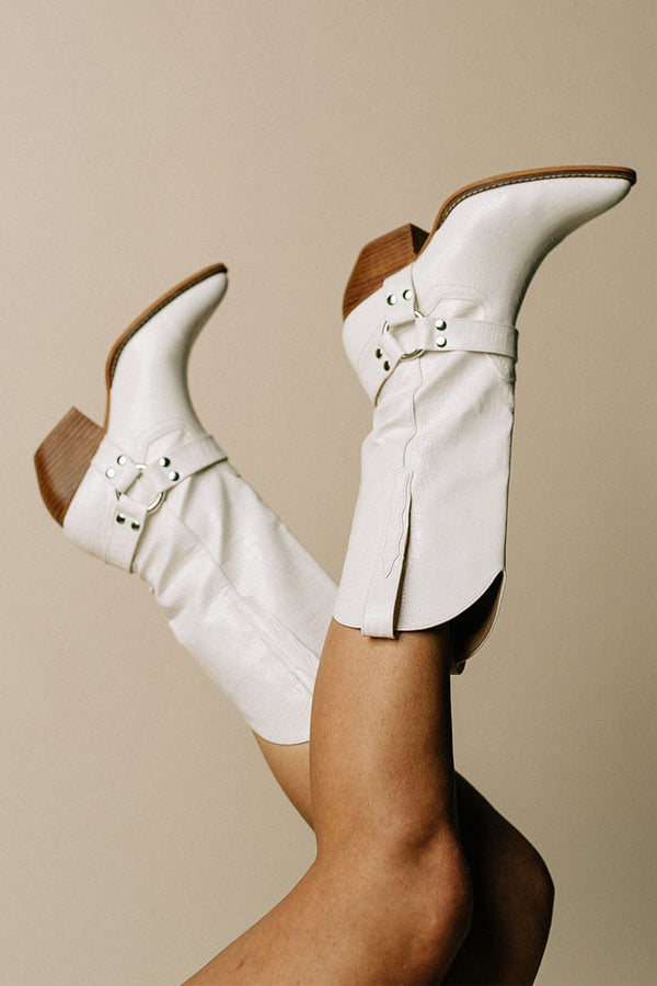 Adaline - Women's Cow Print Western Boots with Buckle Detail
