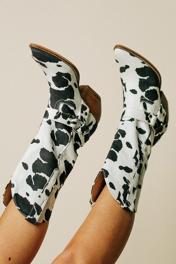 Adaline - Women's Cow Print Western Boots with Buckle Detail