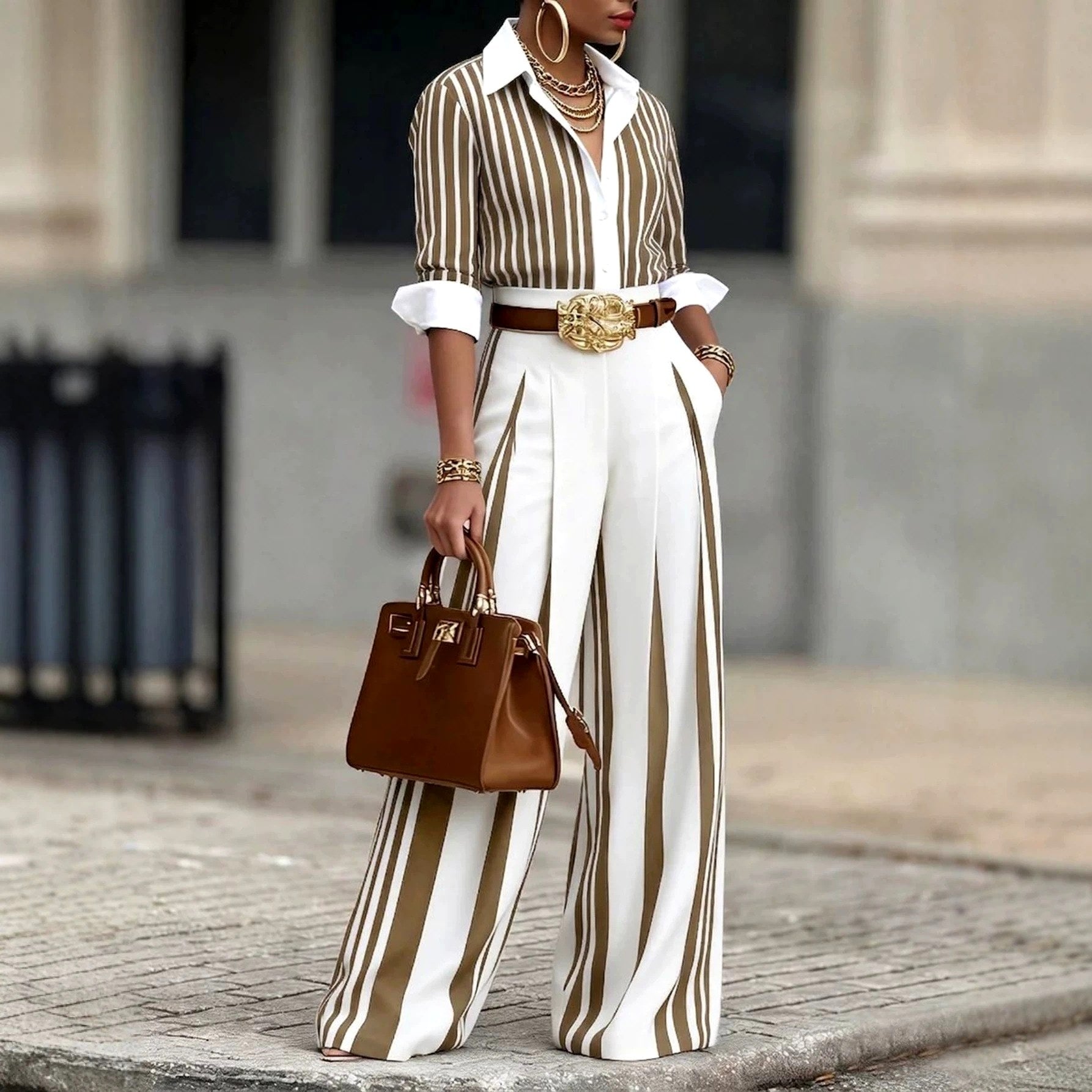 Amelie - Women's Striped Shirt and Wide-Leg Pants Set 1