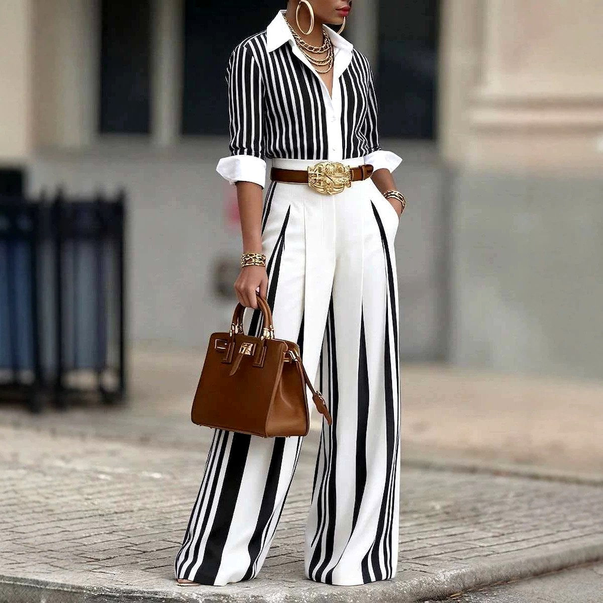 Amelie - Women's Striped Shirt and Wide-Leg Pants Set 2
