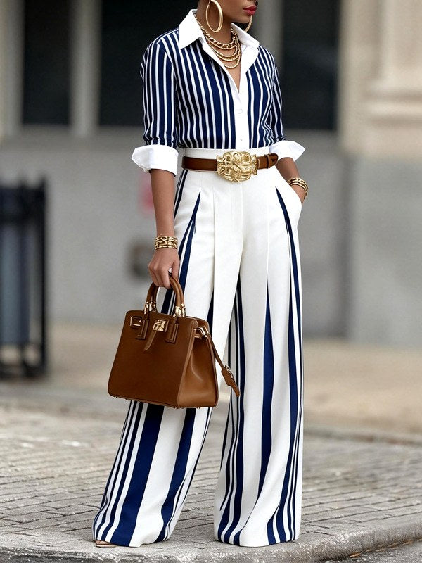 Amelie - Women's Striped Shirt and Wide-Leg Pants Set 3