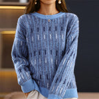 Amora - Women's Geometric Crewneck Pullover with Ribbed Trim