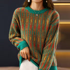 Amora - Women's Geometric Crewneck Pullover with Ribbed Trim
