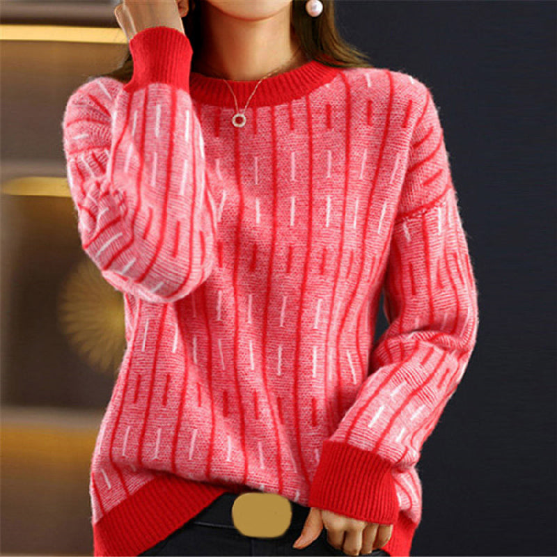 Amora - Women's Geometric Crewneck Pullover with Ribbed Trim