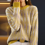 Amora - Women's Geometric Crewneck Pullover with Ribbed Trim