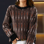 Amora - Women's Geometric Crewneck Pullover with Ribbed Trim