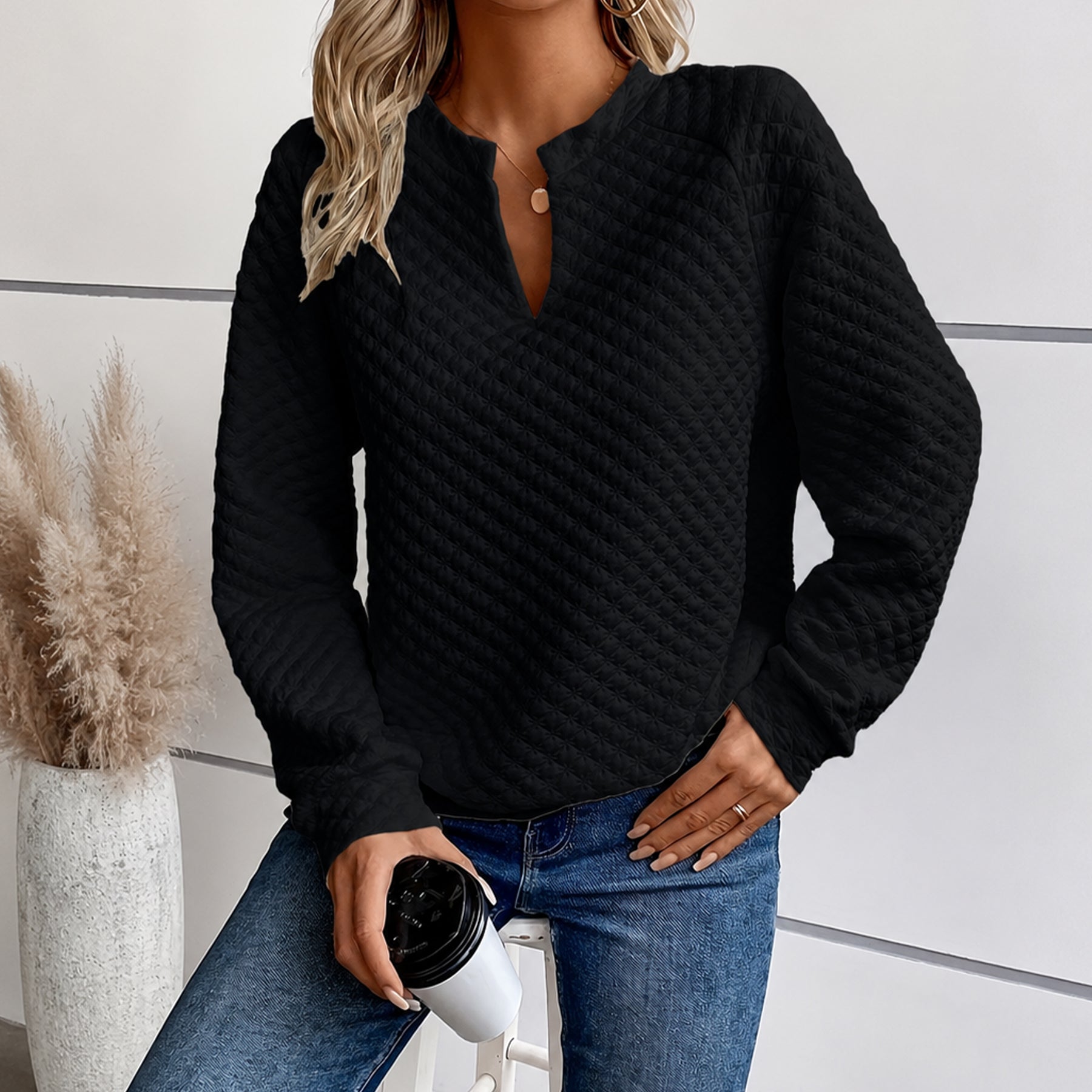 Annabel - Women's Quilted Deep V-Neck Sweater