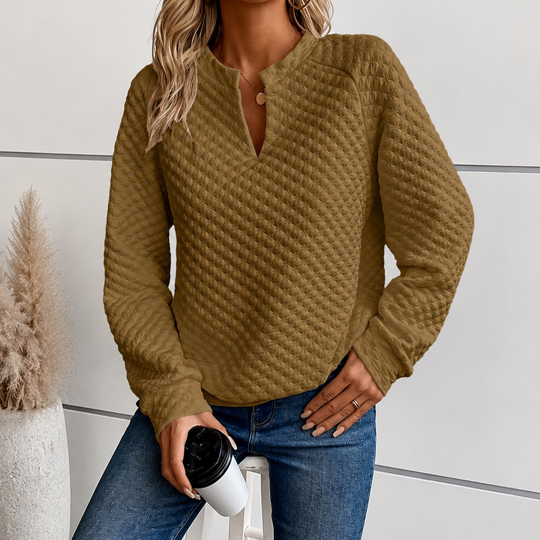 Annabel - Women's Quilted Deep V-Neck Sweater