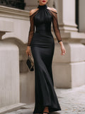 Aria - Women's High-Neck Satin Gown with Sheer Mesh Sleeves