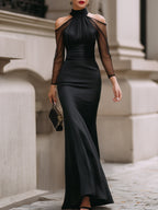 Aria - Women's High-Neck Satin Gown with Sheer Mesh Sleeves