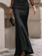 Aria - Women's High-Neck Satin Gown with Sheer Mesh Sleeves