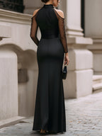 Aria - Women's High-Neck Satin Gown with Sheer Mesh Sleeves