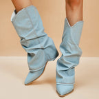 Ariana - Women's Pleated Denim Boots with Chunky Block Heels