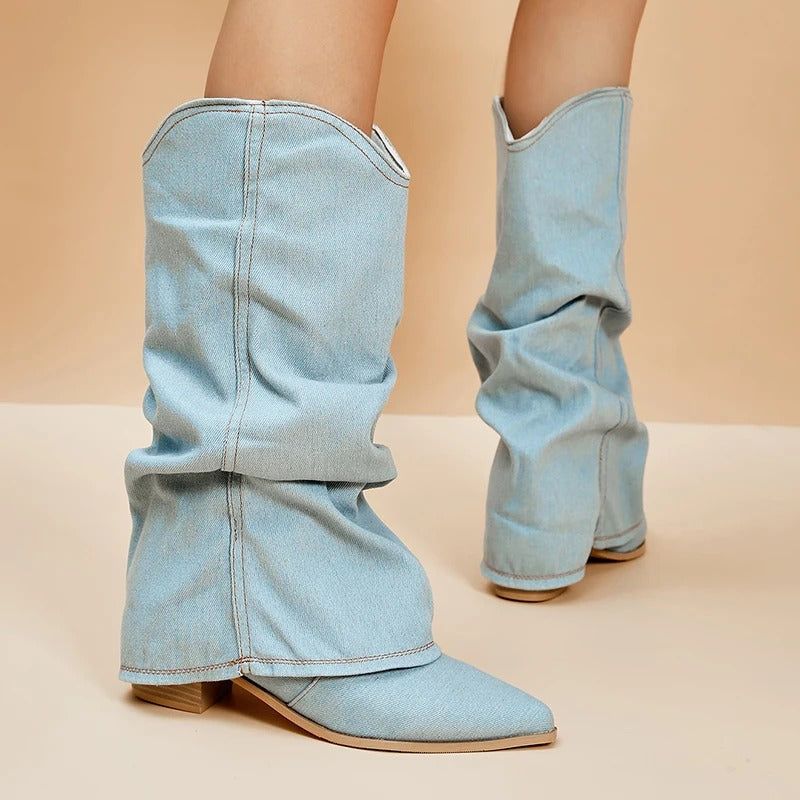 Ariana - Women's Pleated Denim Boots with Chunky Block Heels