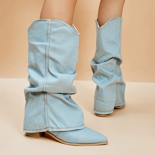 Ariana - Women's Pleated Denim Boots with Chunky Block Heels