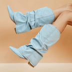 Ariana - Women's Pleated Denim Boots with Chunky Block Heels