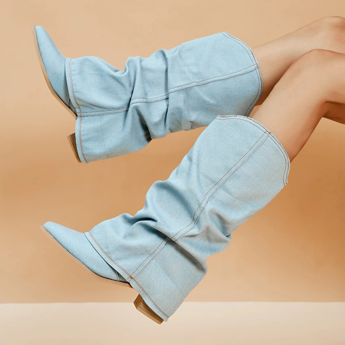 Ariana - Women's Pleated Denim Boots with Chunky Block Heels