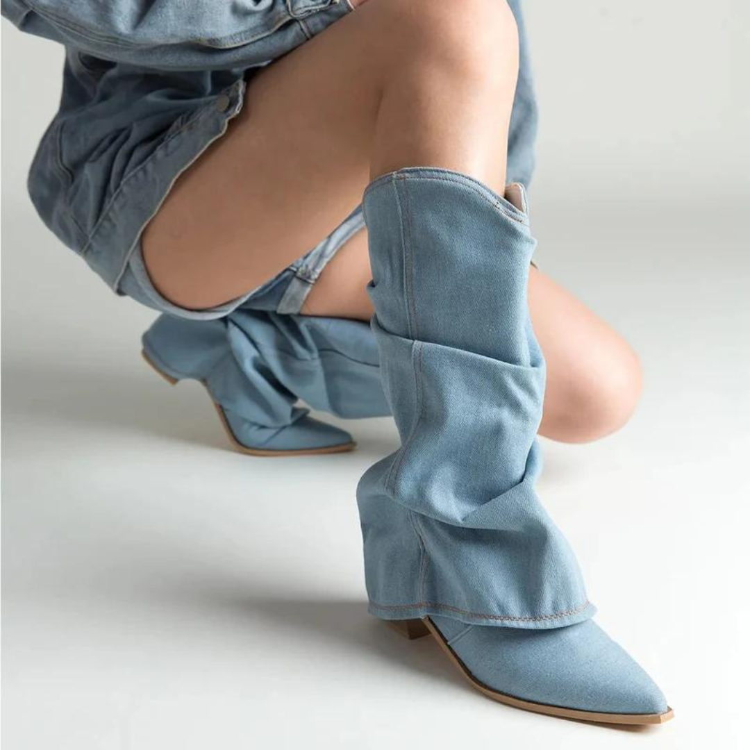 Ariana - Women's Pleated Denim Boots with Chunky Block Heels