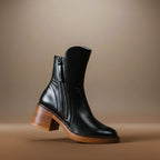 Athena - Women's Side-Zip Leather Ankle Boots with Block Heel