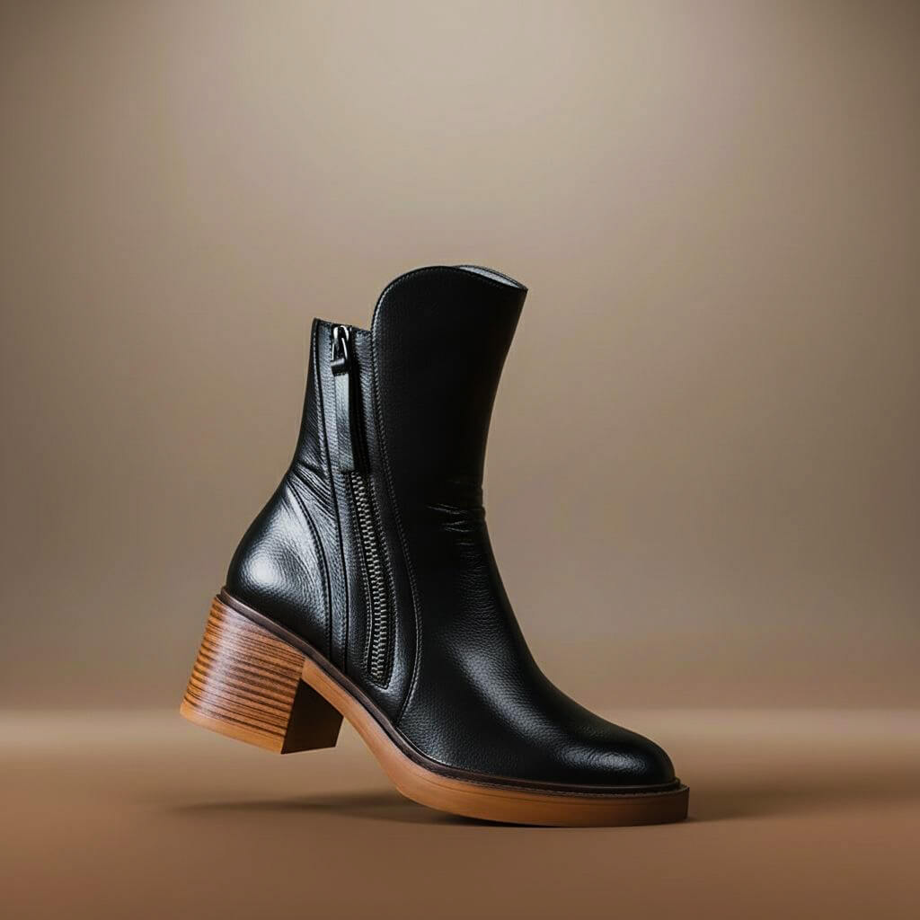 Athena - Women's Side-Zip Leather Ankle Boots with Block Heel