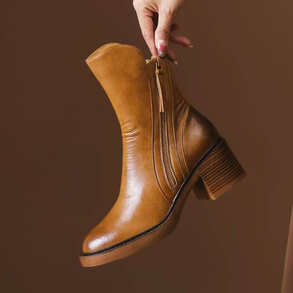 Athena - Women's Side-Zip Leather Ankle Boots with Block Heel