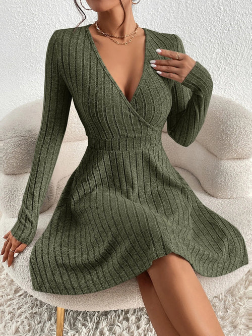 Aurelia - Women's Ribbed Wrap V-Neck Flare Dress