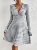 Aurelia - Women's Ribbed Wrap V-Neck Flare Dress