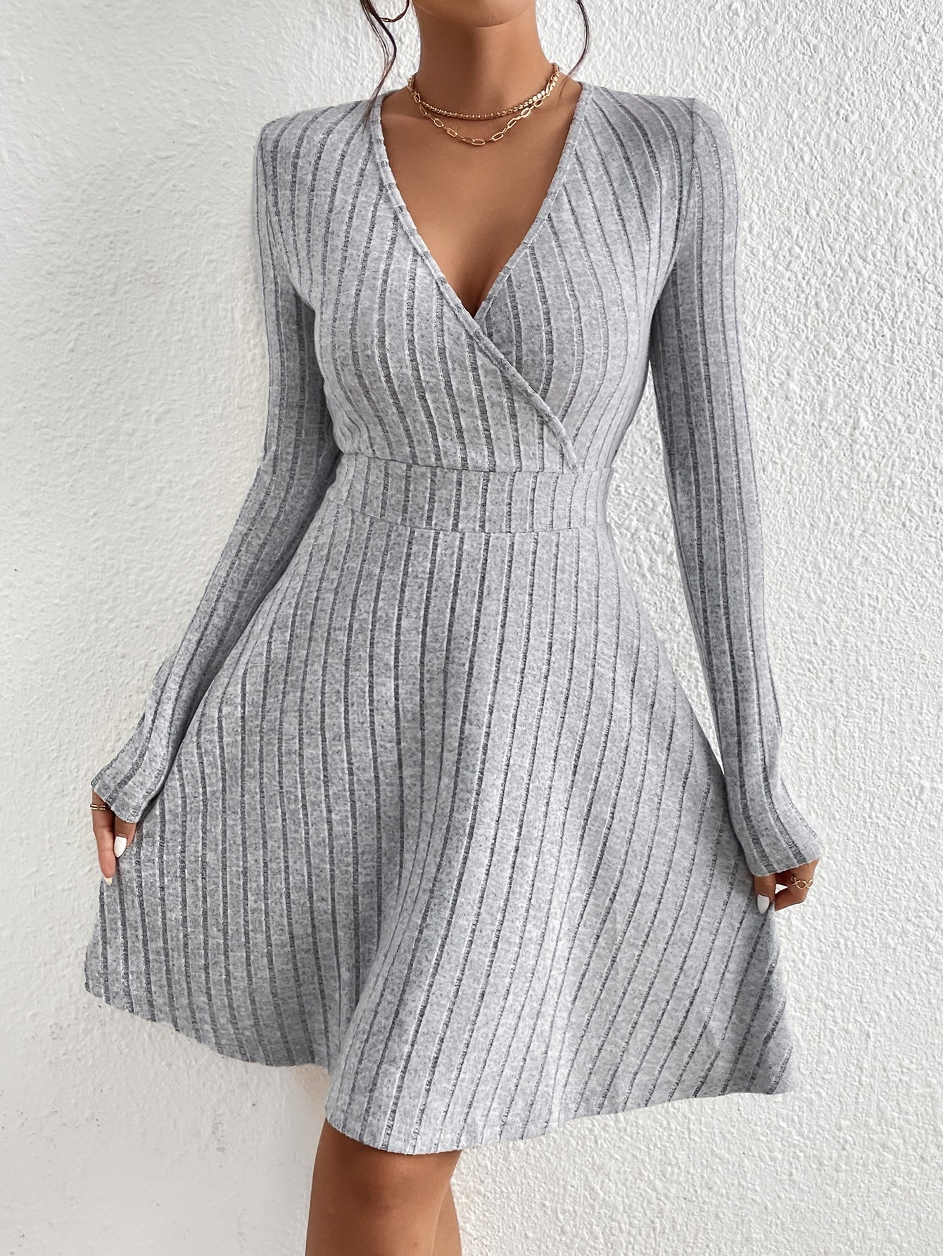 Aurelia - Women's Ribbed Wrap V-Neck Flare Dress