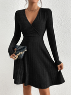 Aurelia - Women's Ribbed Wrap V-Neck Flare Dress