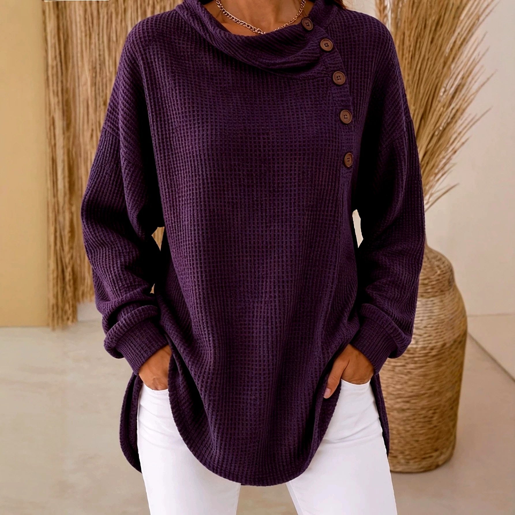 Cecelia - Women's Waffle Cowl Neck Relaxed Sweater 4