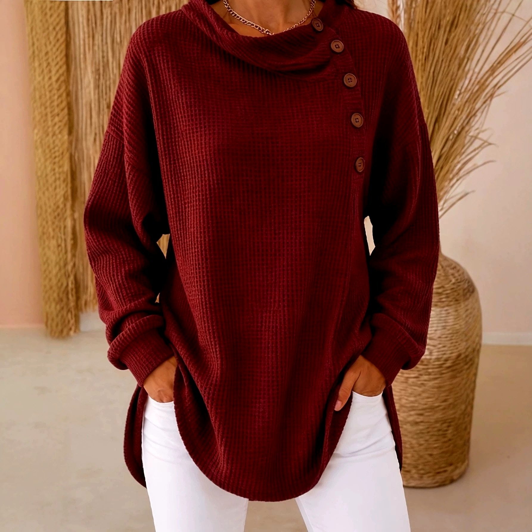 Cecelia - Women's Waffle Cowl Neck Relaxed Sweater 5