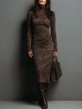 Celeste - Women's Suede-Look Turtleneck Midi Dress