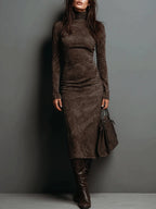 Celeste - Women's Suede-Look Turtleneck Midi Dress