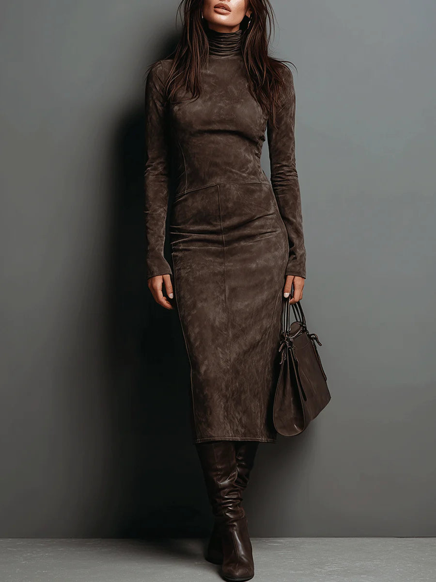 Celeste - Women's Suede-Look Turtleneck Midi Dress