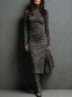 Celeste - Women's Suede-Look Turtleneck Midi Dress