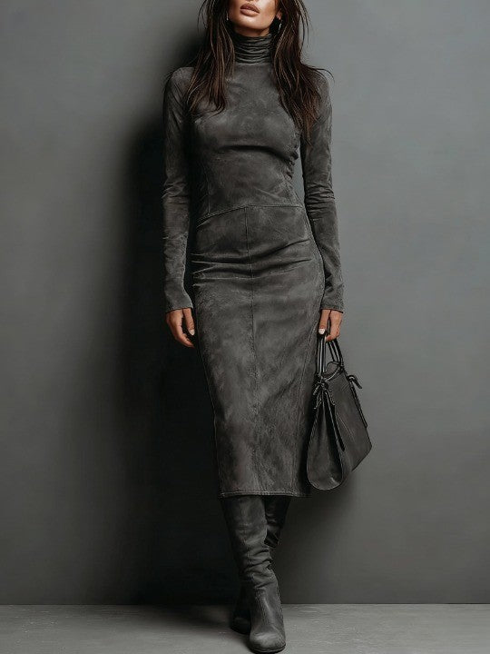 Celeste - Women's Suede-Look Turtleneck Midi Dress