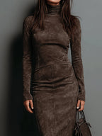 Celeste - Women's Suede-Look Turtleneck Midi Dress