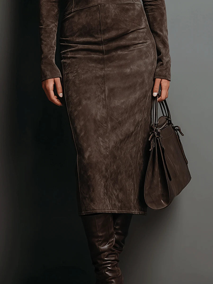 Celeste - Women's Suede-Look Turtleneck Midi Dress