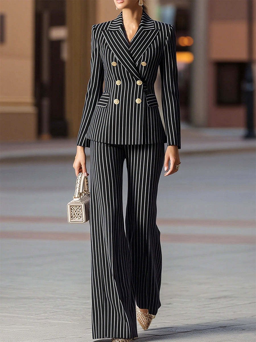 Celestine - Women's Pinstripe Blazer and Flared Pants Suit Set 2
