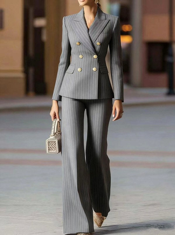Celestine - Women's Pinstripe Blazer and Flared Pants Suit Set 3