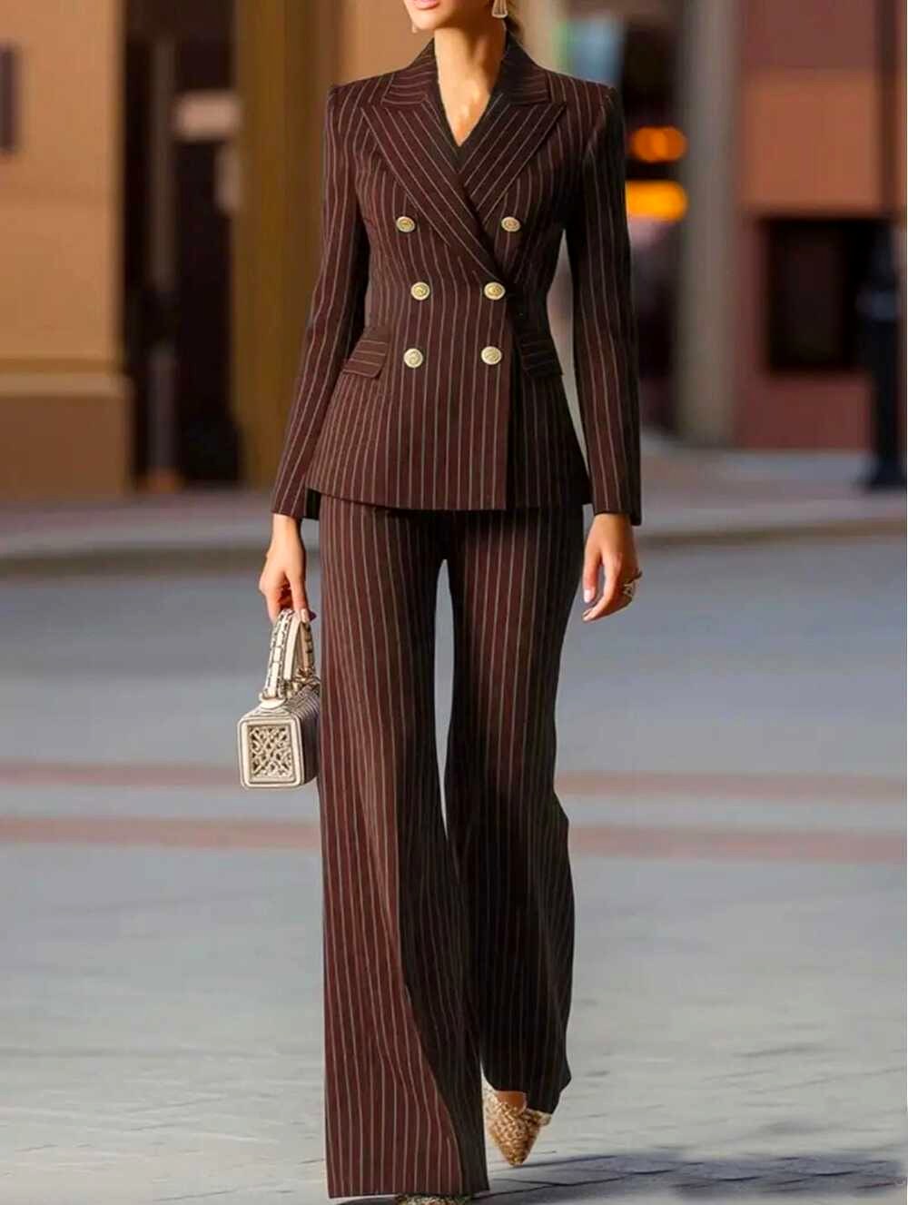 Celestine - Women's Pinstripe Blazer and Flared Pants Suit Set 6