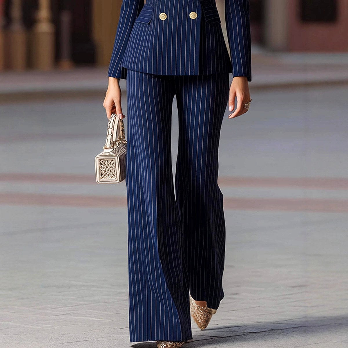 Celestine - Women's Pinstripe Blazer and Flared Pants Suit Set 7