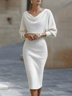 Celina - Women's Cowl Neck Bodycon Midi Dress with Batwing Sleeves