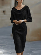 Celina - Women's Cowl Neck Bodycon Midi Dress with Batwing Sleeves