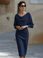 Celina - Women's Cowl Neck Bodycon Midi Dress with Batwing Sleeves