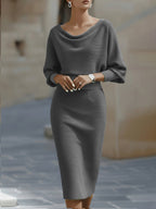 Celina - Women's Cowl Neck Bodycon Midi Dress with Batwing Sleeves